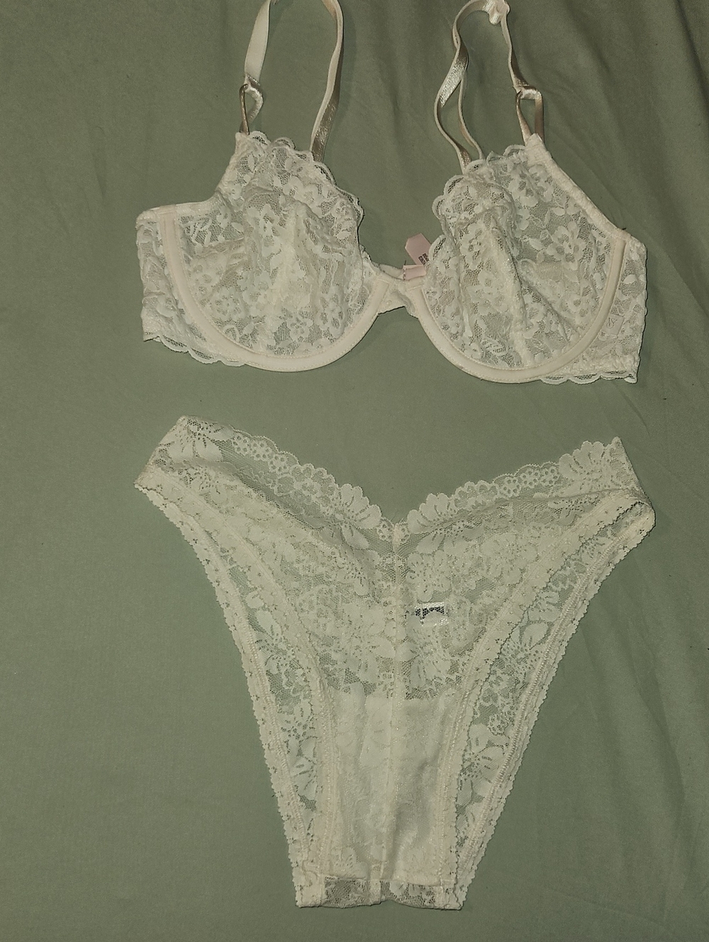 Victoria Secret Sheer Lace Underwire Bra and Lace Bikini Panty Set - Ivory